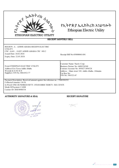 Download Ethiopian electric business utility bill in wordand PDF formats1 Photoshop template